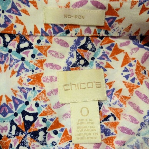 Chicos Button Up Shirt Womens Sz 0 Colorful Geometric White Red Blue Top Blouse - Picture 2 of 3
